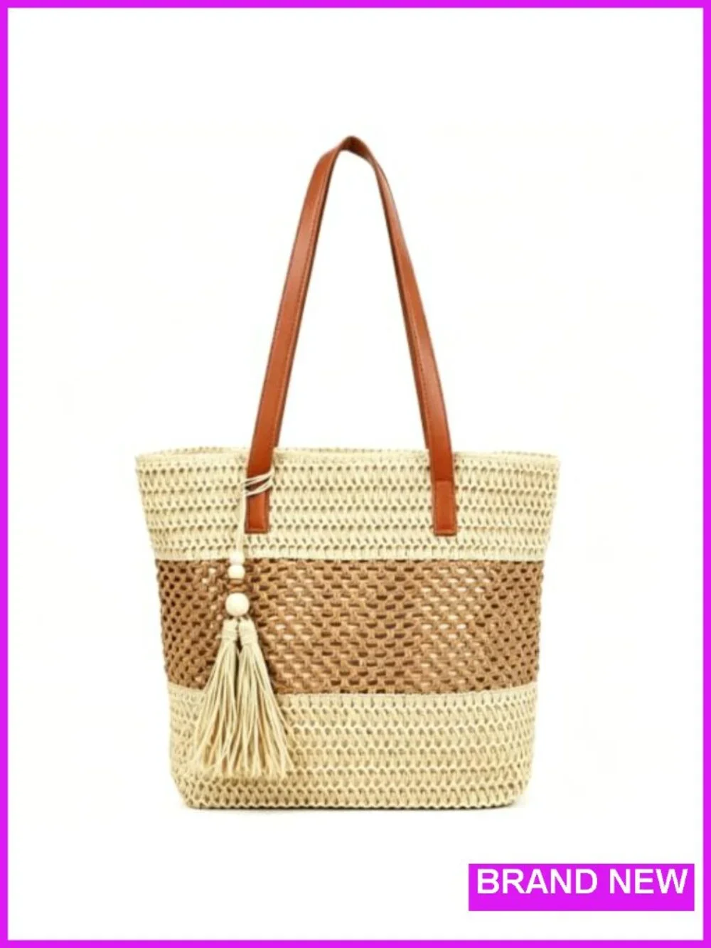 Straw Beach Tote Bag with Zip Closure Handwoven Summer Shoulder Purse for Travel